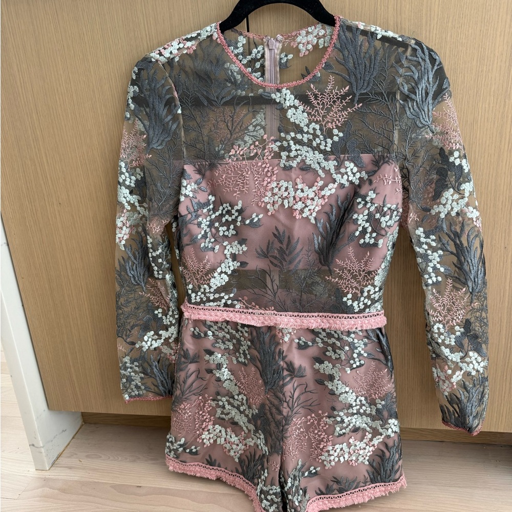 Alexis Pink and Gray Floral Embroidered Romper